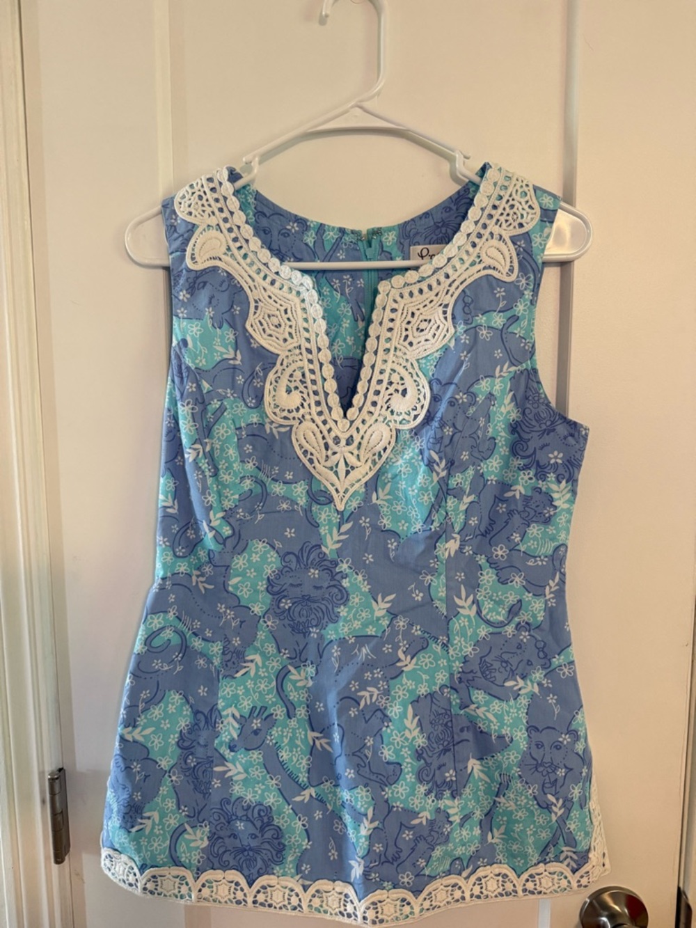 Lilly Pulitzer Blue & Aqua Floral Top with White Crochet Trim